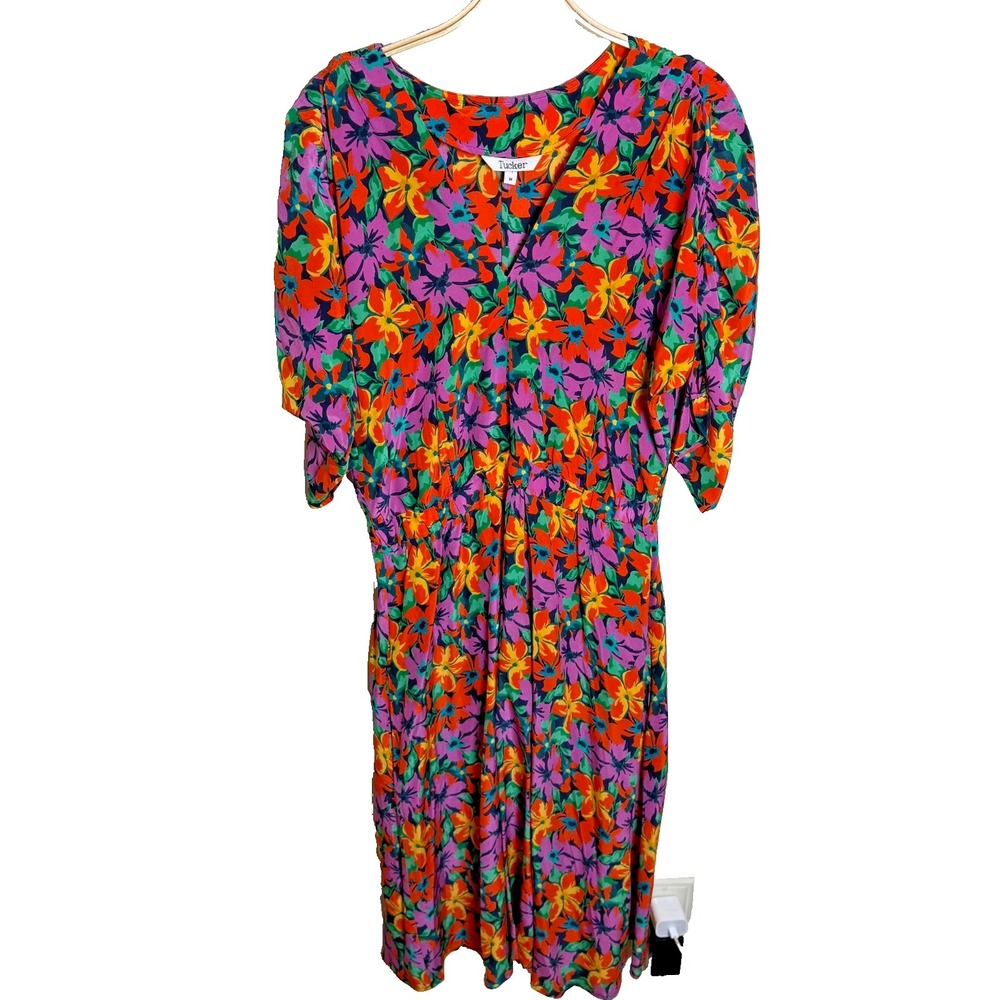Tucker Women's Silk Floral V Neck Floral 3/4 Sleeve Dress Medium Lightweight